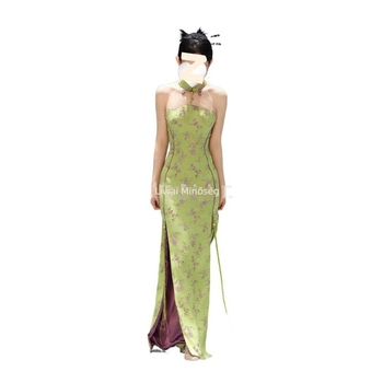 Zöld ujjatlan cheongsam ruha, modern kínai stílus, retro nyári viselet