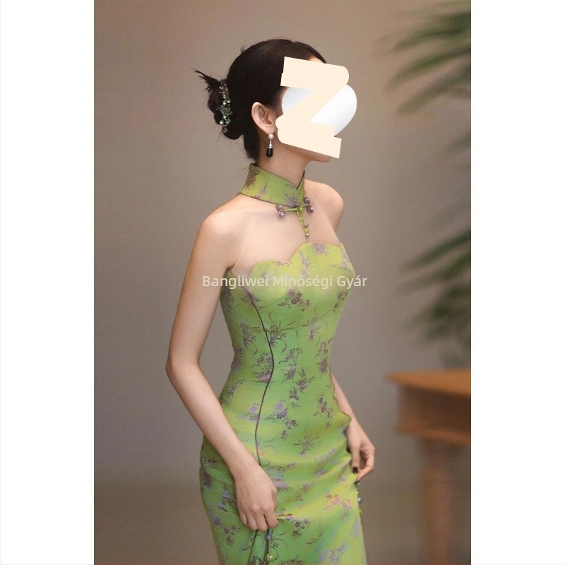 Zöld ujjatlan cheongsam ruha, modern kínai stílus, retro nyári viselet