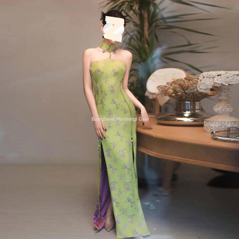 Zöld ujjatlan cheongsam ruha, modern kínai stílus, retro nyári viselet