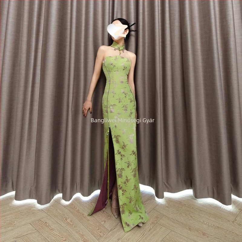 Zöld ujjatlan cheongsam ruha, modern kínai stílus, retro nyári viselet