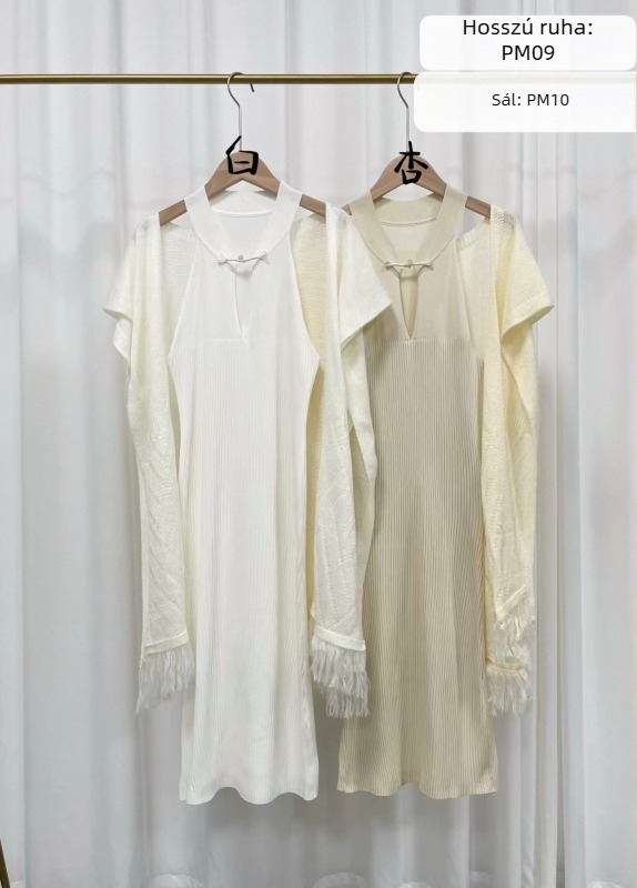 Új kínai stílusú cheongsam ruha kötött anyagból, ujjatlan, V-nyak, karcsú szabás, hosszú halfarok sziluettel