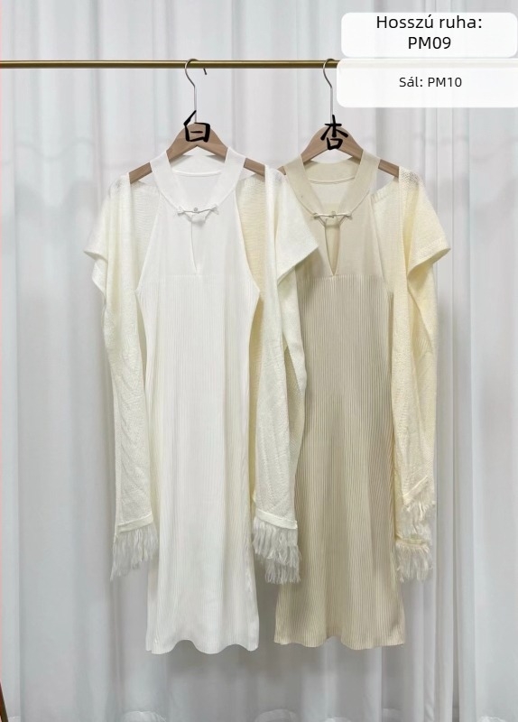 Új kínai stílusú cheongsam ruha kötött anyagból, ujjatlan, V-nyak, karcsú szabás, hosszú halfarok sziluettel