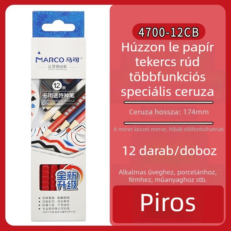 Marco 4700 Többfunkciós különleges ceruza papírtekercsen, írás bőrre, ruházatra, üvegre és csempére; fekete-fehér, piros-kék ceruza