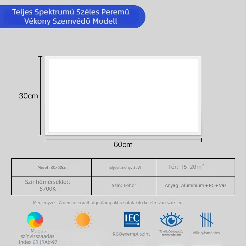 Teljes spektrumú beépített mennyezeti LED panel 30x600 mm, irodai világításhoz, szemvédő