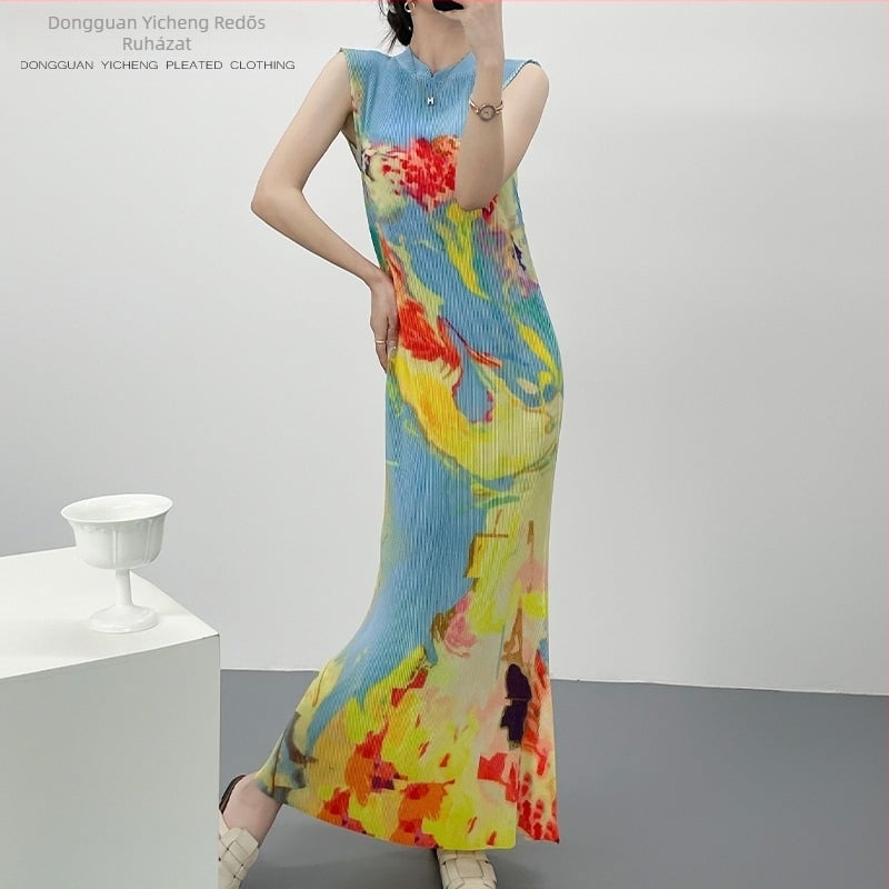 Új kínai stílusú pliszírozott ruha, elegáns cheongsam ihletésű vonalvezetés, karcsú szabás, hosszú halfarok szoknya, nyár