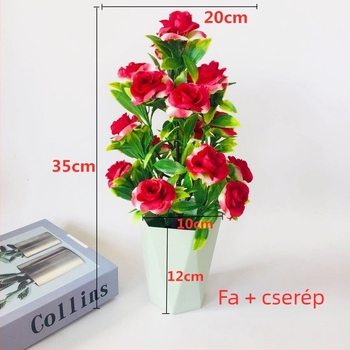 Mesterséges rózsa bonsai cserépben, 17 virággal