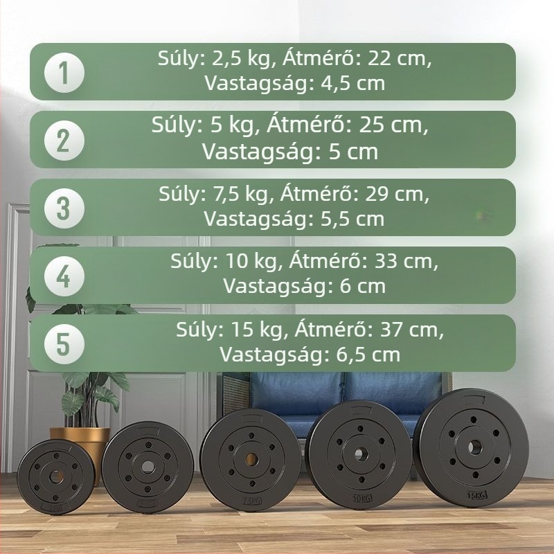 Színes környezetbarát gumírozott rúdtárcsák kis lyukkal, univerzális 5 kg, 7,5 kg és 15 kg edzéshez