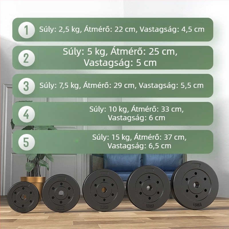 Színes környezetbarát gumírozott rúdtárcsák kis lyukkal, univerzális 5 kg, 7,5 kg és 15 kg edzéshez