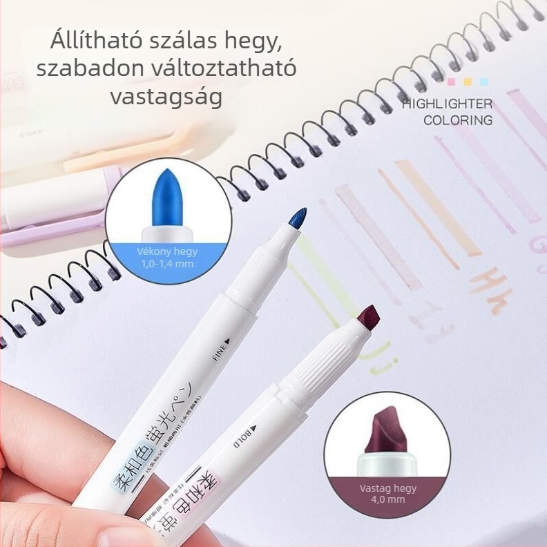 Kétoldalú, puha végű kiemelő toll jegyzetfüzetekhez és diákok jegyzeteihez