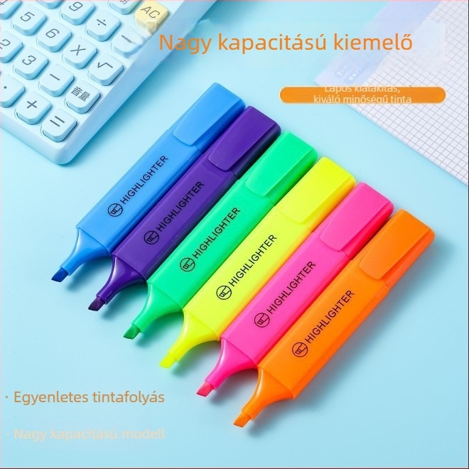 6 színű egyhegyes fluoreszcáló kiemelő toll készlet, nagy kapacitású naplóhoz, kupaklehúzó típus