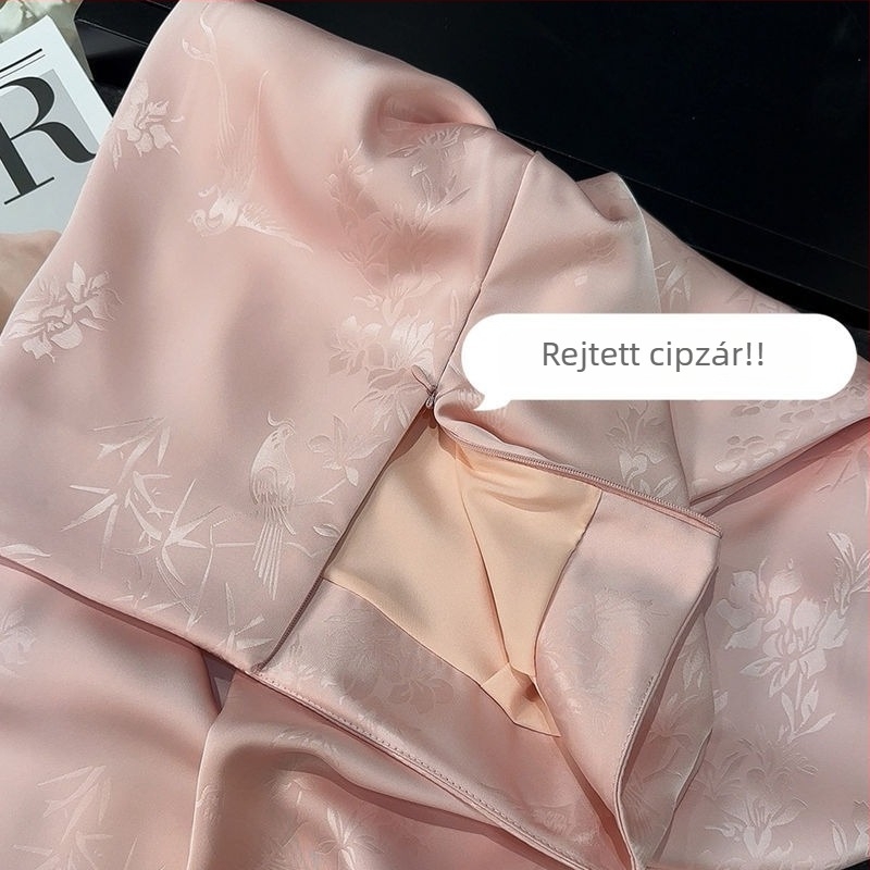 Új kínai stílusú női A-vonalú hosszú szoknya, magas derék, jacquard acetát szatén