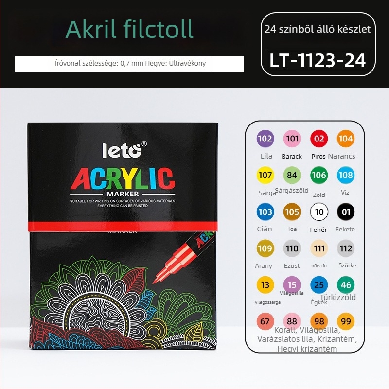 Le Tu akrilfilcek, POSCA-stílusúak, festéshez és graffitihez; víz alapú akrilfilcek; 12 vagy 24 színű készletek.