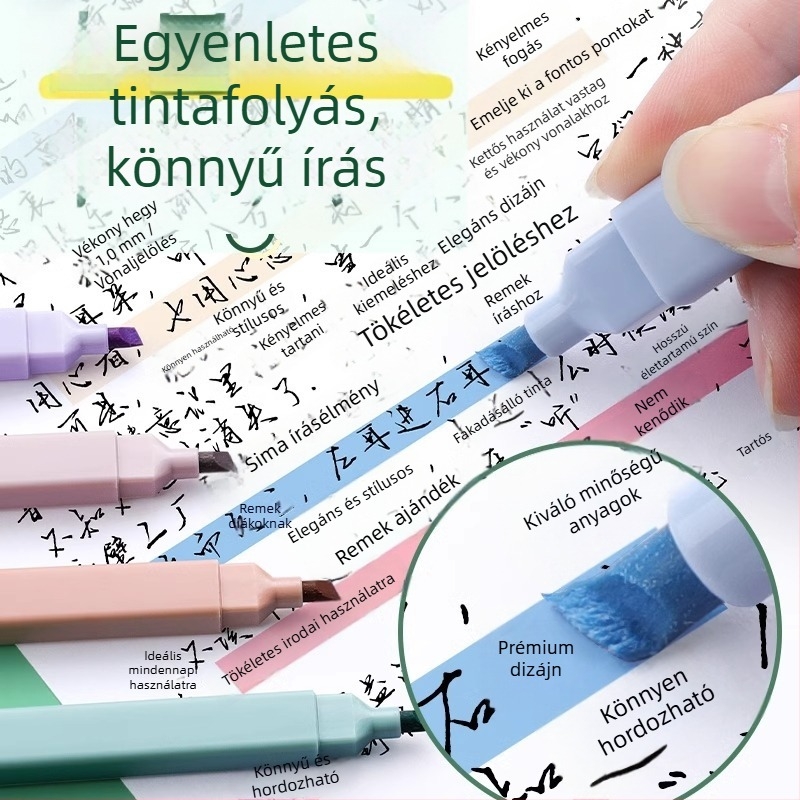 Diákoknak szóló, kétvégű szembarátságos kiemelő toll, színes jegyzetekhez és naplóíráshoz, nagy kapacitású.