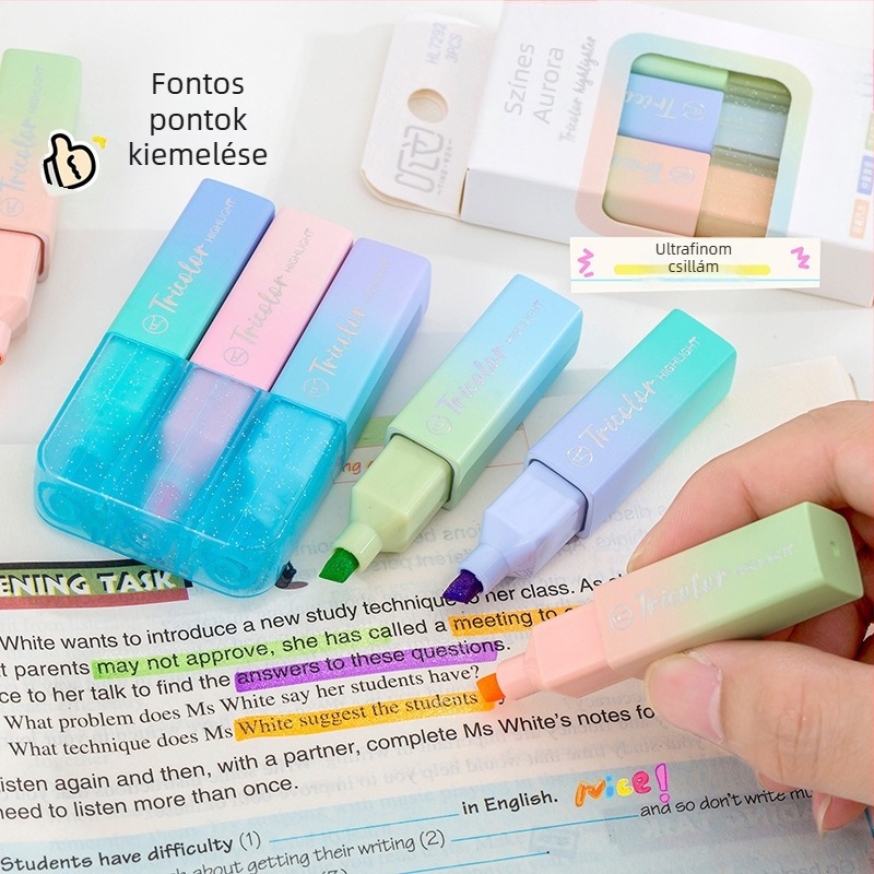 Csillogó illatú kiemelő tollak, 3 darabos készlet, színes naplóíró tollak diákoknak, stílusos kiemelő markerek