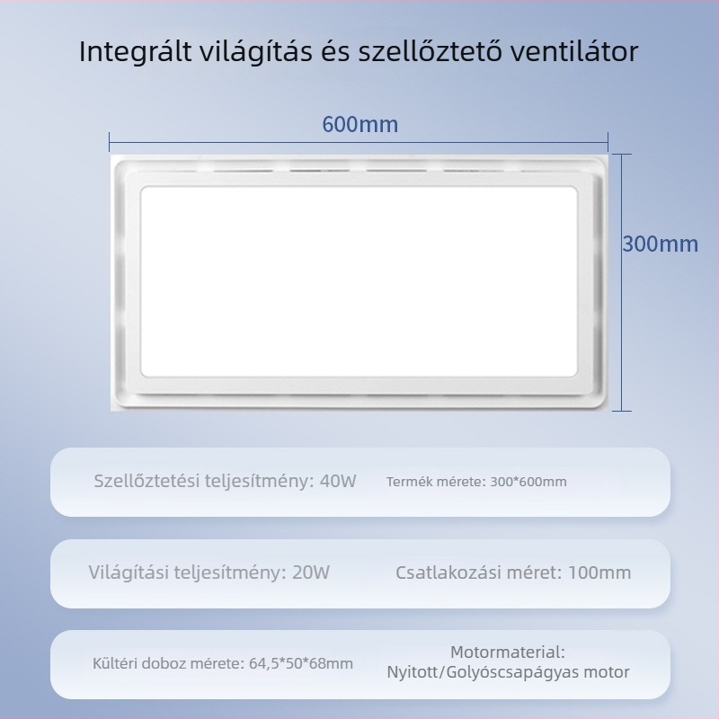 Beépített mennyezeti LED-szellőző fürdőszobához világítással és szellőzéssel, 2 az 1-ben, méret 300×300 mm