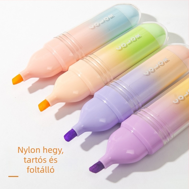 Négy darabos színes tollkészlet nylon kopásálló heggyel, lapos testtel, dobozos csomagolás; színes kiemelő tollak.