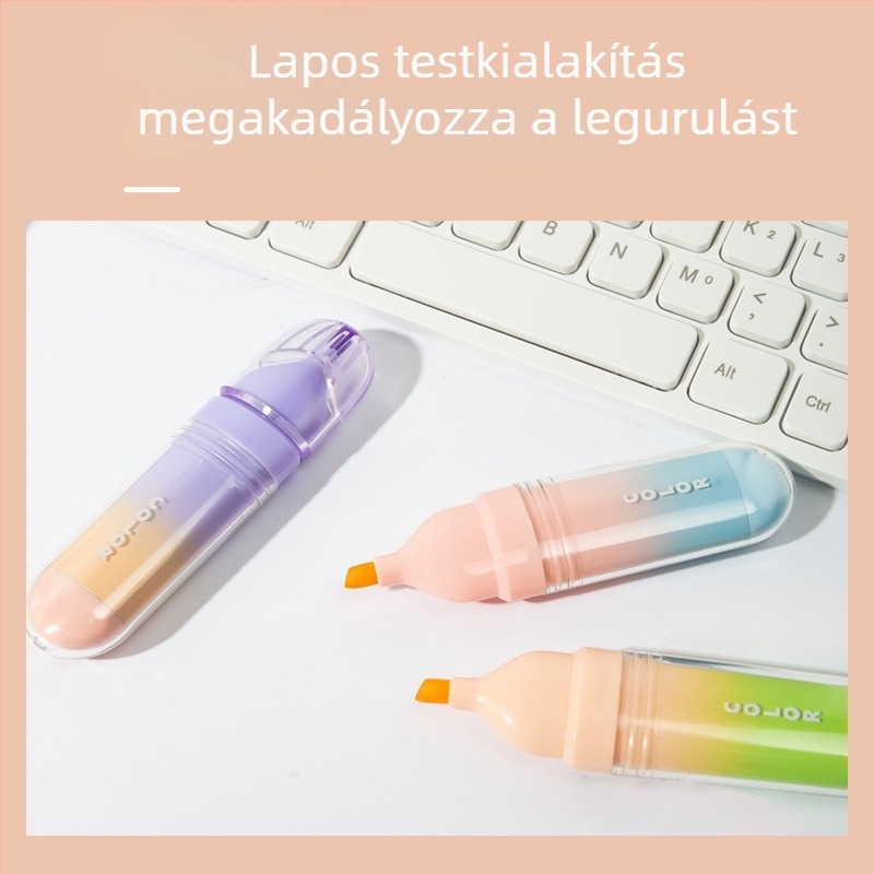 Négy darabos színes tollkészlet nylon kopásálló heggyel, lapos testtel, dobozos csomagolás; színes kiemelő tollak.