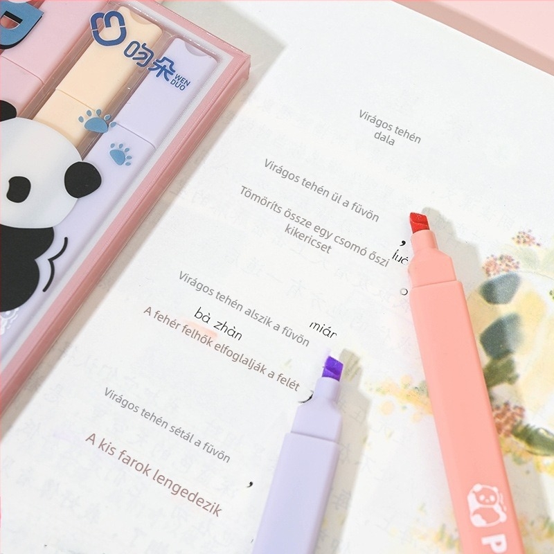 Új Panda fluoreszkáló toll természetes árnyalatokkal, négyszögletes testtel, aranyos Instagram-stílusú toll ferde heggyel naplóíráshoz