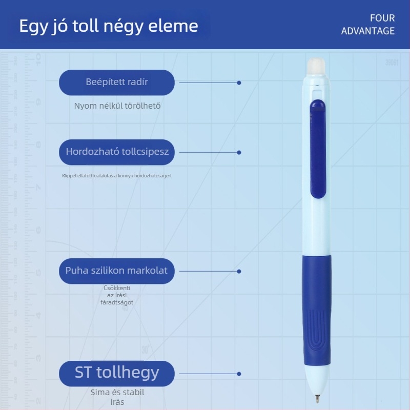 0,5 mm-es törölhető gél toll kristálykék testtel, szénfekete töltőtintával, iskolásoknak