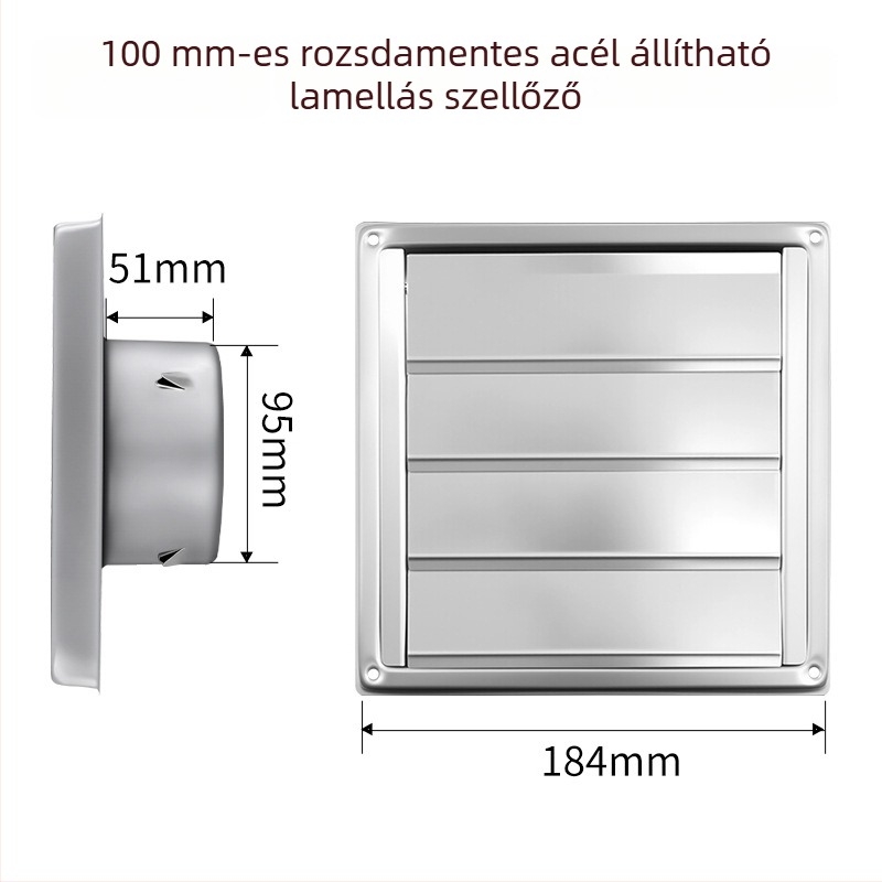 304 rozsdamentes acél négyszögletes, önzáró lamellás szellőző külső falra, esőálló, szárítóhoz