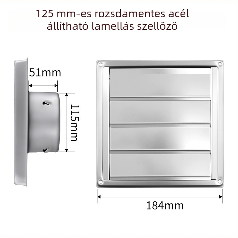 304 rozsdamentes acél négyszögletes, önzáró lamellás szellőző külső falra, esőálló, szárítóhoz