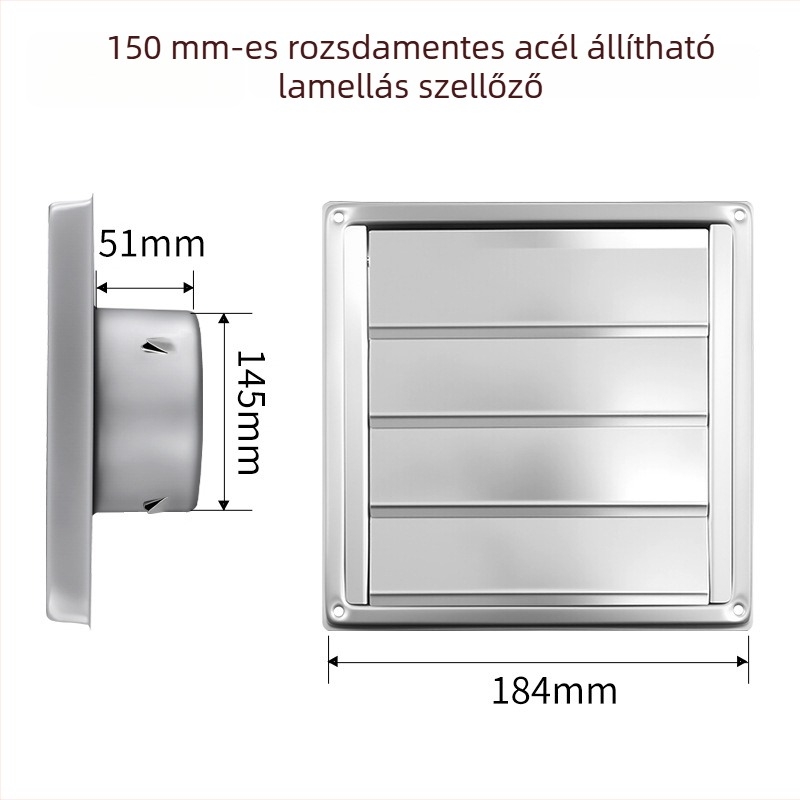 304 rozsdamentes acél négyszögletes, önzáró lamellás szellőző külső falra, esőálló, szárítóhoz