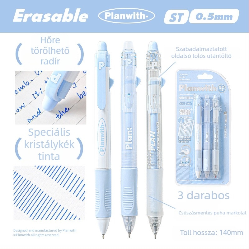Original Friends Plan Eltávolítható Gél Toll Sorozat, 3 darab, 0,5 mm, kristálykék tinta
