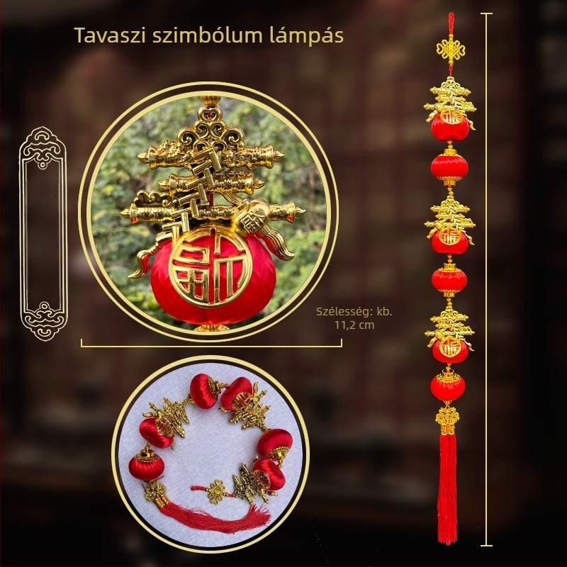 Szerencse motívumú mini lámpás garland selyemgyöngyökkel belső dekorációhoz a Tavaszi fesztiválhoz