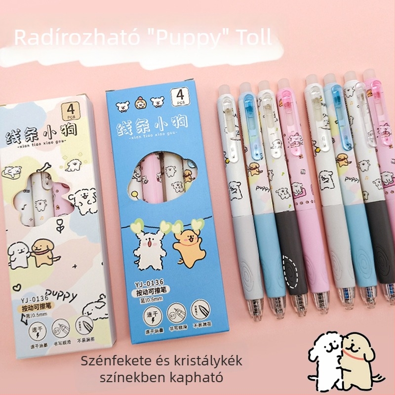 Line Puppy prémium fogású radírozható toll - kristálykék és grafitfekete, kihúzható fej, hőérzékeny törléses csúccsal, diákoknak