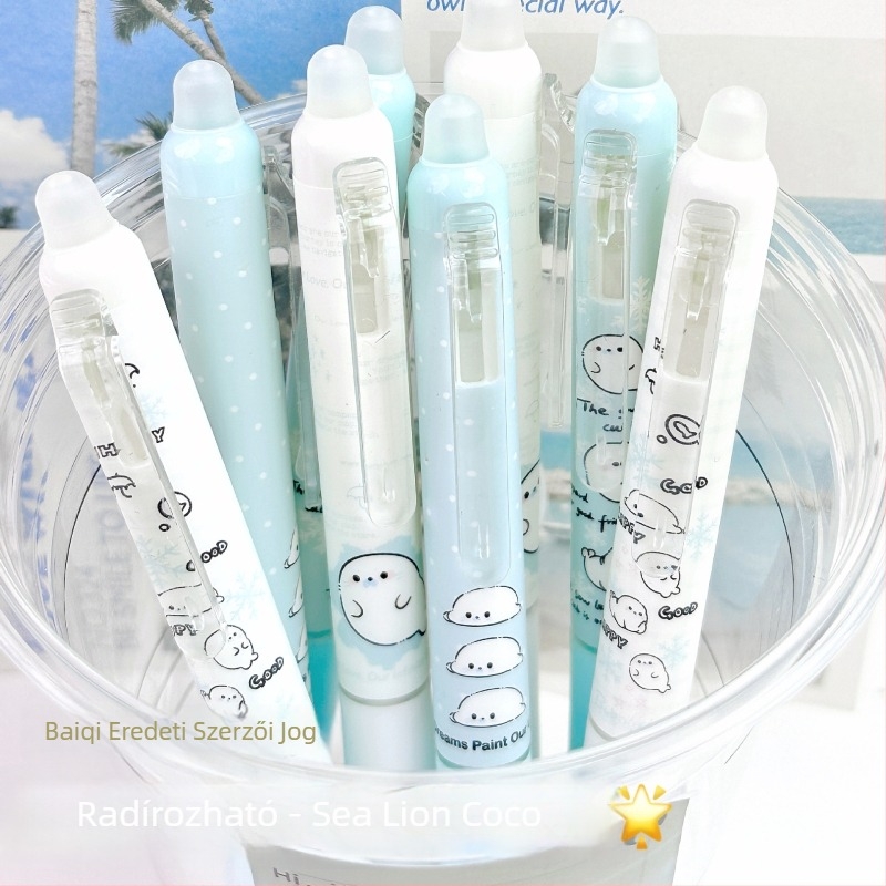 Oldalt kattintható radírozható gél toll – általános iskolás diákoknak, kristály kék-fekete szín