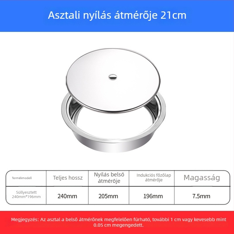 Rozsdamentes acélból készült hot pot gyűrű fedővel, süllyesztett kivitel, kör vagy négyszögletes, indukciós főzőlaphoz