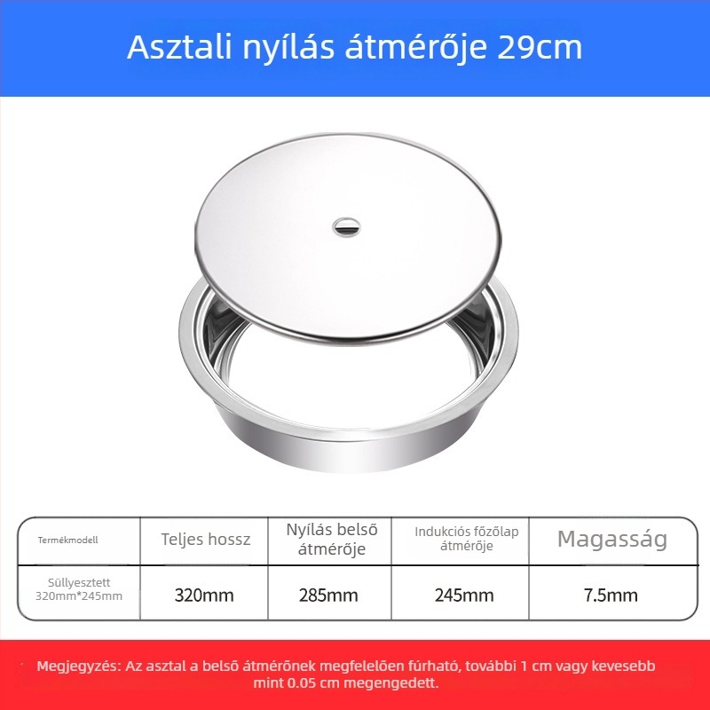 Rozsdamentes acélból készült hot pot gyűrű fedővel, süllyesztett kivitel, kör vagy négyszögletes, indukciós főzőlaphoz