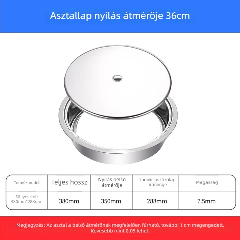 Rozsdamentes acélból készült hot pot gyűrű fedővel, süllyesztett kivitel, kör vagy négyszögletes, indukciós főzőlaphoz