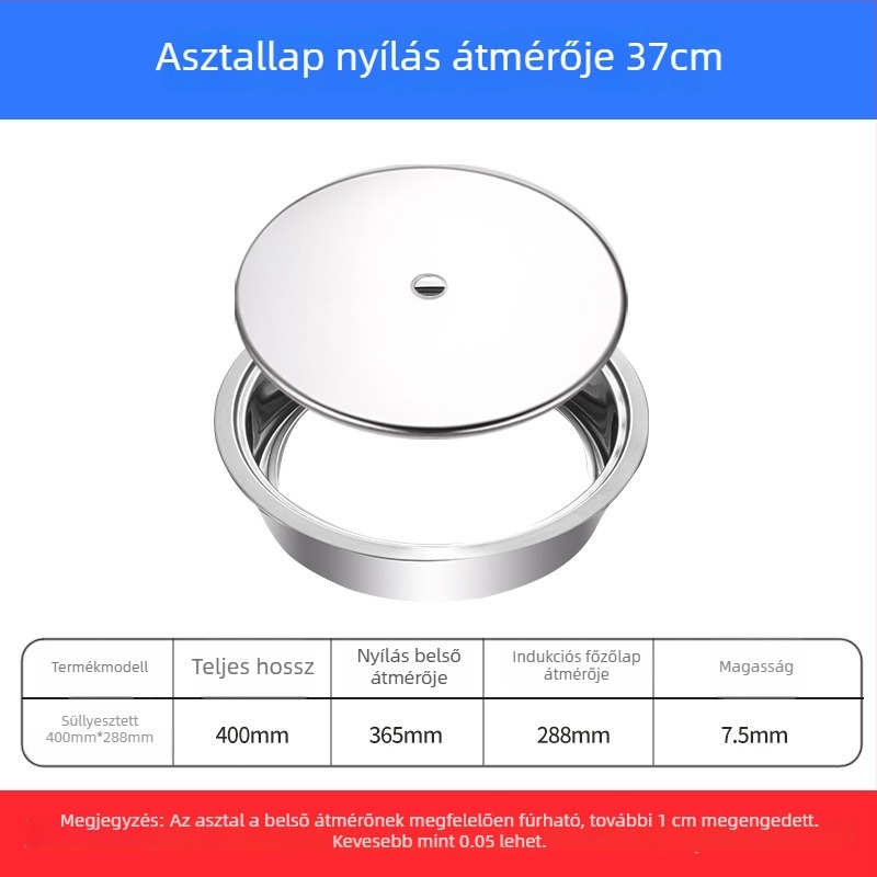 Rozsdamentes acélból készült hot pot gyűrű fedővel, süllyesztett kivitel, kör vagy négyszögletes, indukciós főzőlaphoz