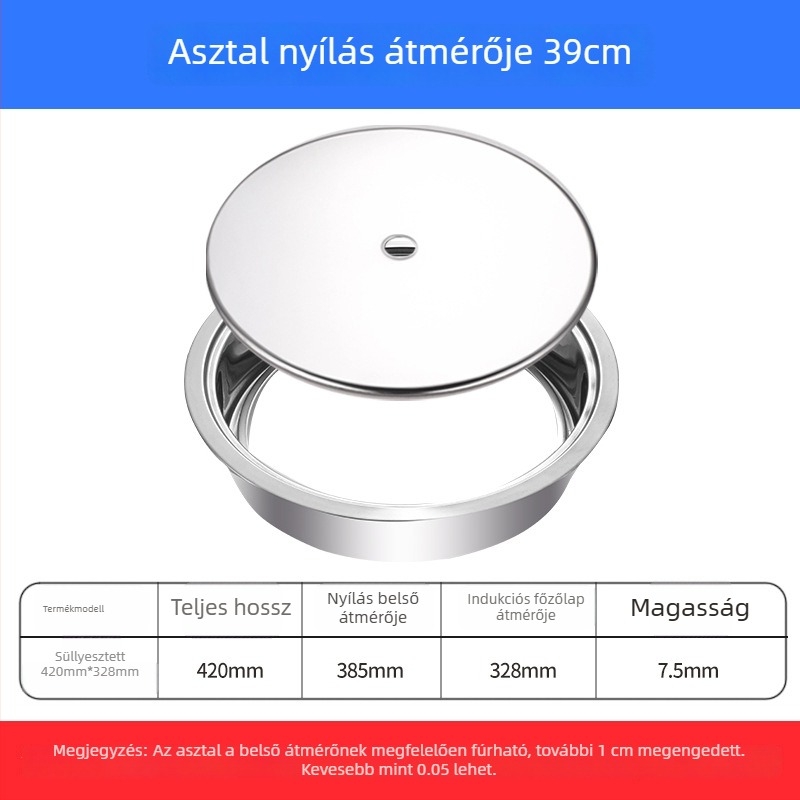 Rozsdamentes acélból készült hot pot gyűrű fedővel, süllyesztett kivitel, kör vagy négyszögletes, indukciós főzőlaphoz