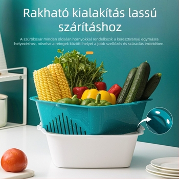 Camellia kétszintes műanyag öblítőkosár zöldségek és rizs mosásához, konyhai mosóedény, gyümölcstál