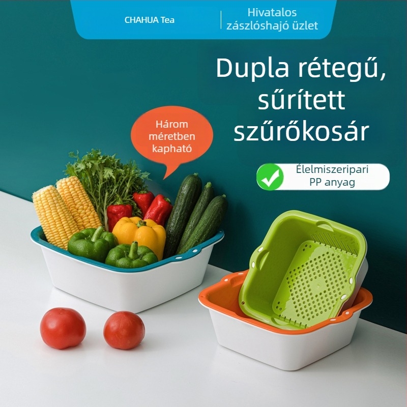 Camellia kétszintes műanyag öblítőkosár zöldségek és rizs mosásához, konyhai mosóedény, gyümölcstál