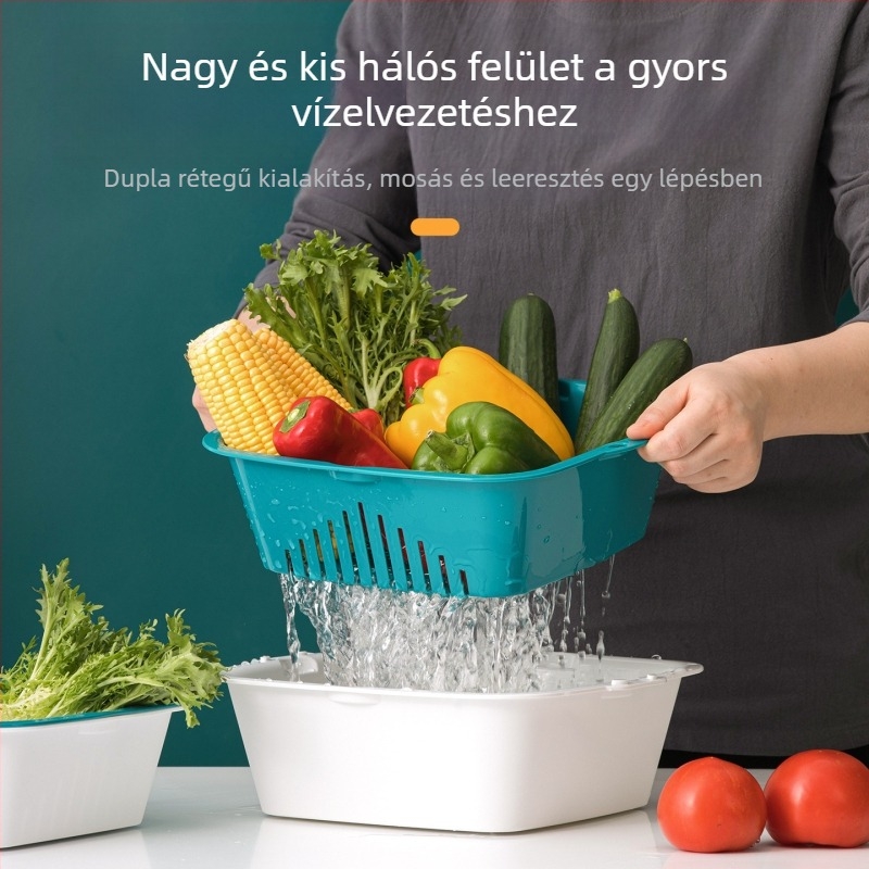 Camellia kétszintes műanyag öblítőkosár zöldségek és rizs mosásához, konyhai mosóedény, gyümölcstál