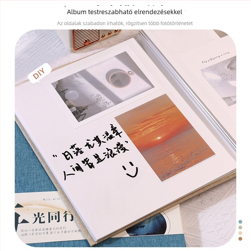 Textil borítású fotóalbum fóliázott ragasztó oldalakkal, DIY, nagy kapacitású ballagási emlékkönyv