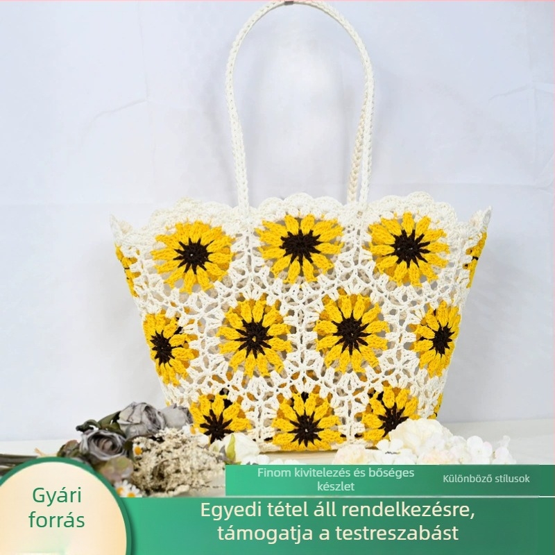 Ováli patchwork horgolt táska, áttört mintával, női vállon hordható táska, koreai stílus