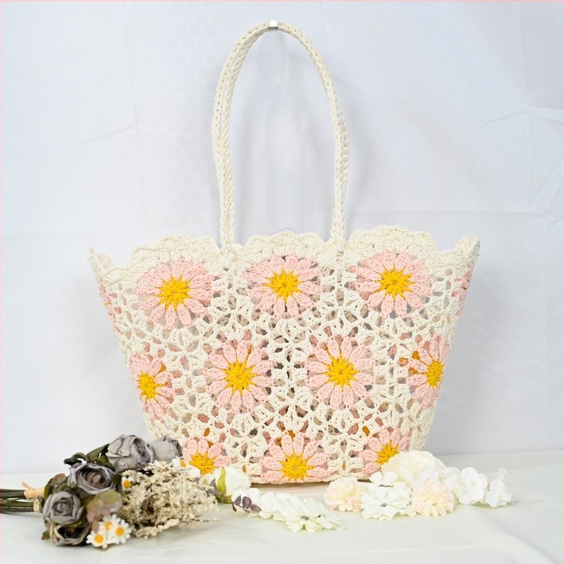 Ováli patchwork horgolt táska, áttört mintával, női vállon hordható táska, koreai stílus