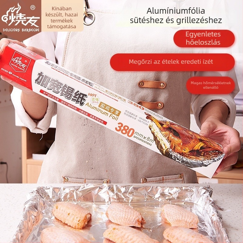 Burning Friends 3431 Szélesebb alumíniumfólia sütéshez és grillhez, 8 m hosszú, vastított, hús és hal készítéséhez