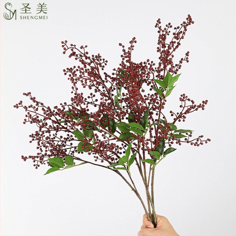 Mesterséges holly ág háromágú Sichuan bors gyümölcsökkel, kínai virágos műalkotás nappali dekorációhoz, előszobába és étkezőasztalhoz