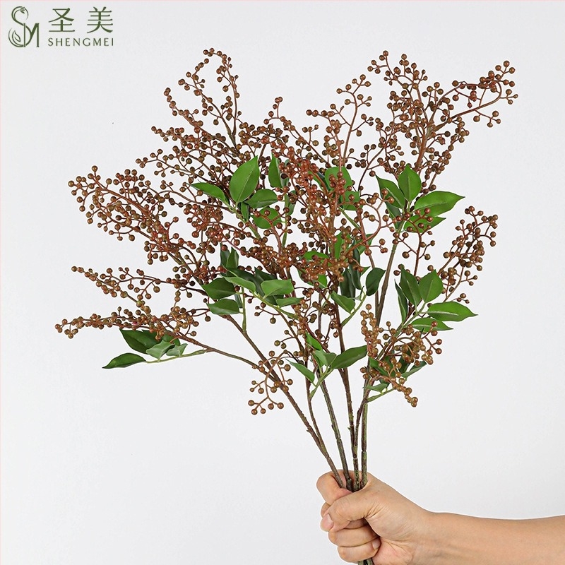 Mesterséges holly ág háromágú Sichuan bors gyümölcsökkel, kínai virágos műalkotás nappali dekorációhoz, előszobába és étkezőasztalhoz
