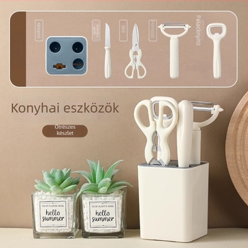 Konyhai eszközök készlet: gyümölcs kés, hámozó kés, rozsdamentes acél tojáshabverő, konyhai olló, palacknyitó és tároló készlet
