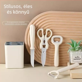 Konyhai eszközök készlet: gyümölcs kés, hámozó kés, rozsdamentes acél tojáshabverő, konyhai olló, palacknyitó és tároló készlet