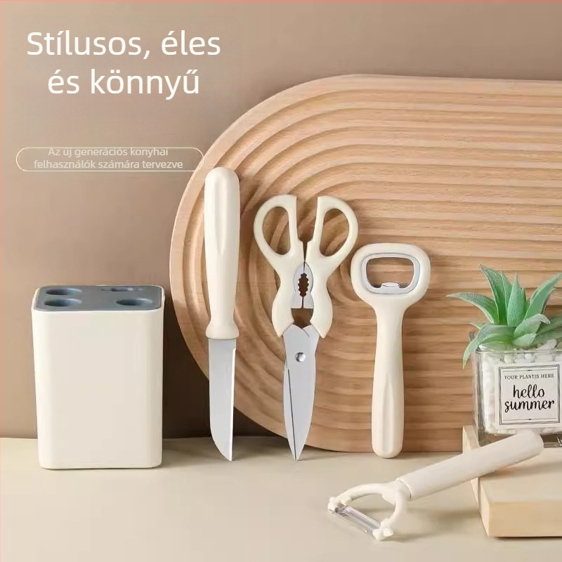 Konyhai eszközök készlet: gyümölcs kés, hámozó kés, rozsdamentes acél tojáshabverő, konyhai olló, palacknyitó és tároló készlet