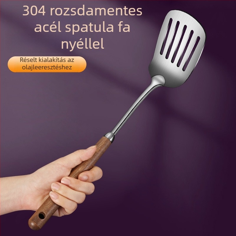 316 rozsdamentes acélból készült konyhai készlet diófa fogantyúval — spatula, leveskanál, merőkanál, szűrő