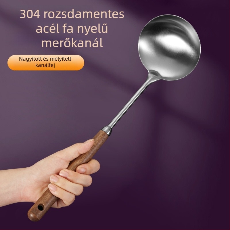 316 rozsdamentes acélból készült konyhai készlet diófa fogantyúval — spatula, leveskanál, merőkanál, szűrő