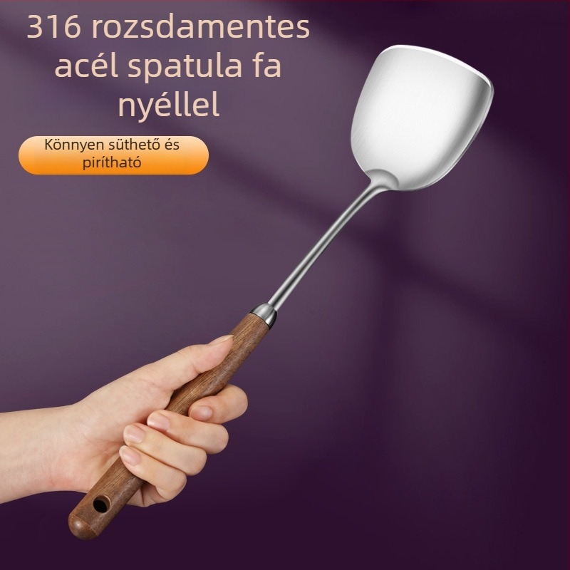 316 rozsdamentes acélból készült konyhai készlet diófa fogantyúval — spatula, leveskanál, merőkanál, szűrő